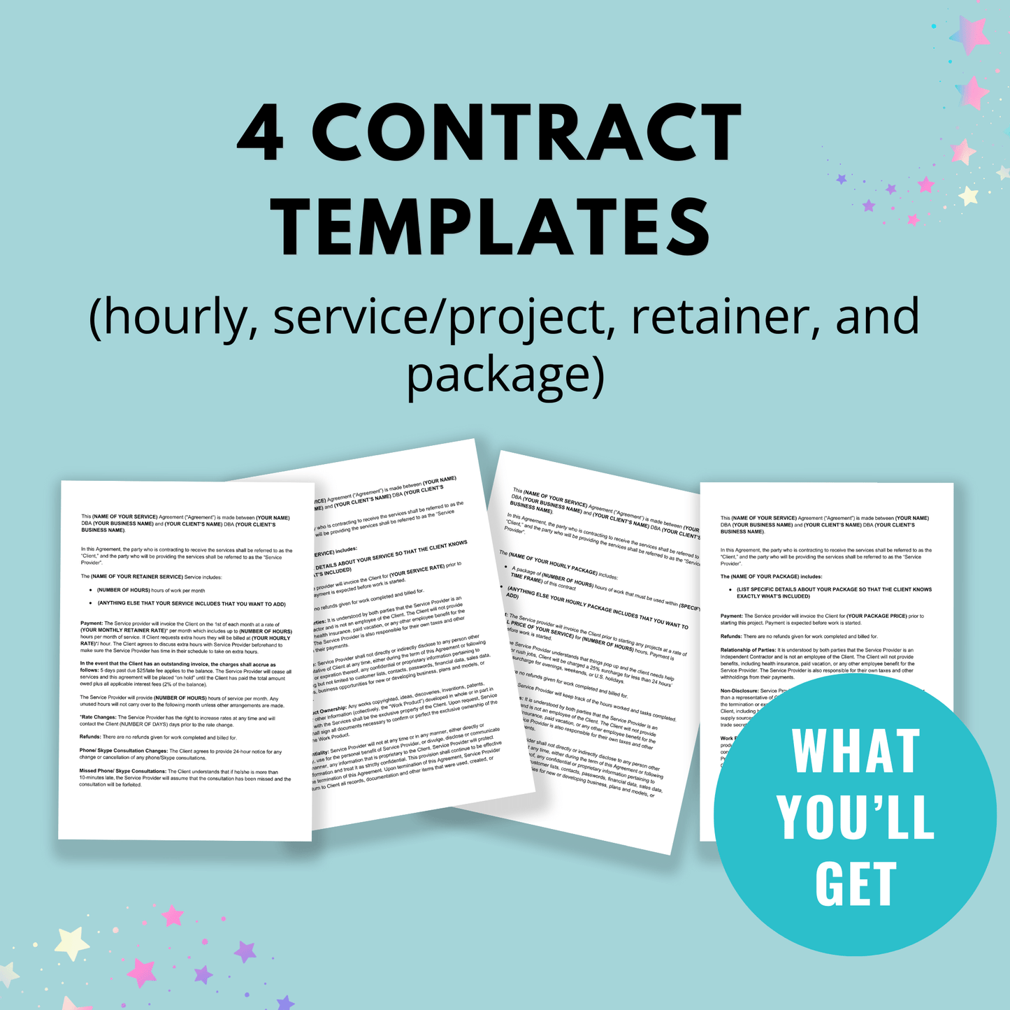 You'll receive 4 types of contract templates for virtual assistants.