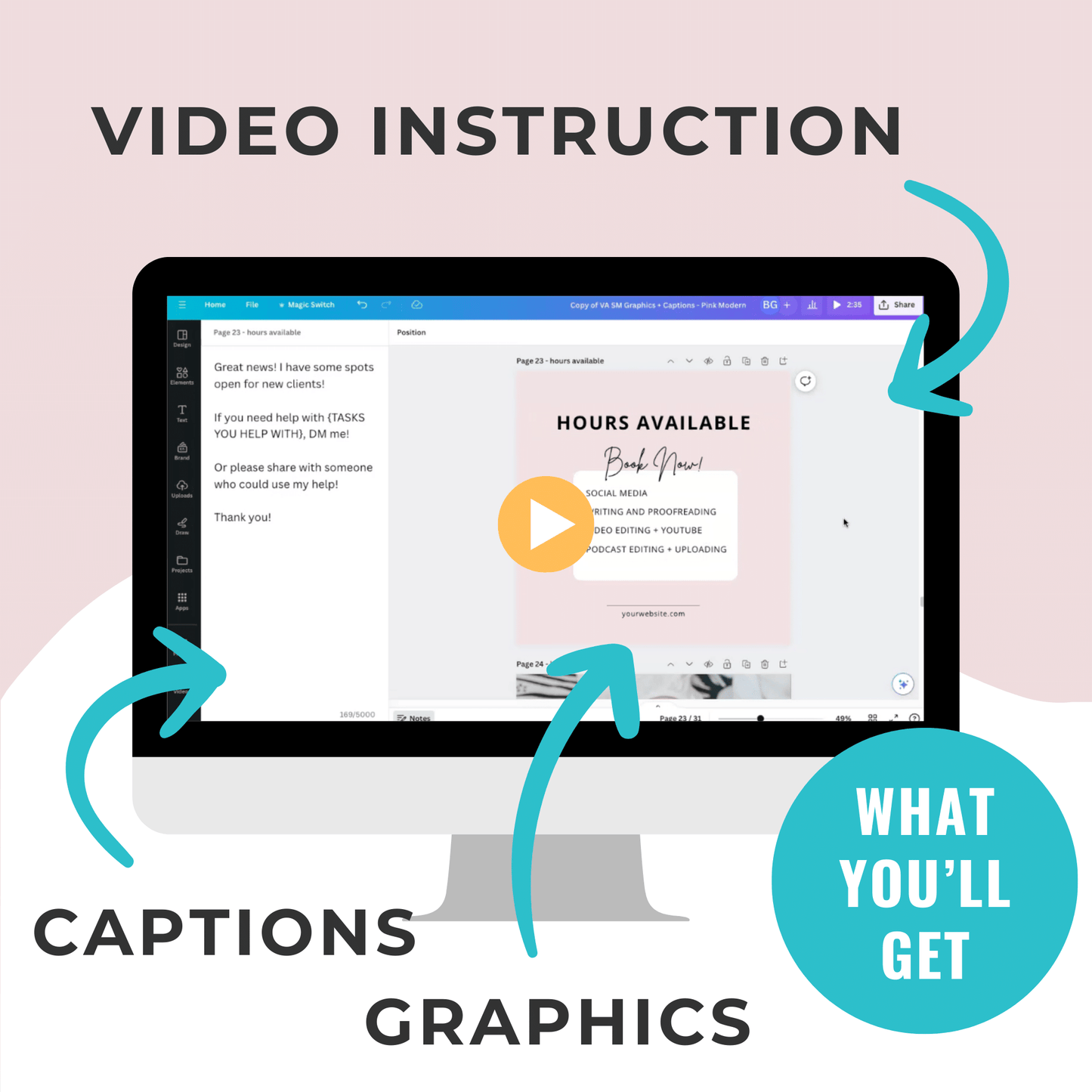 Social Media Pack for Virtual Assistants includes video instruction, graphics, and captions.