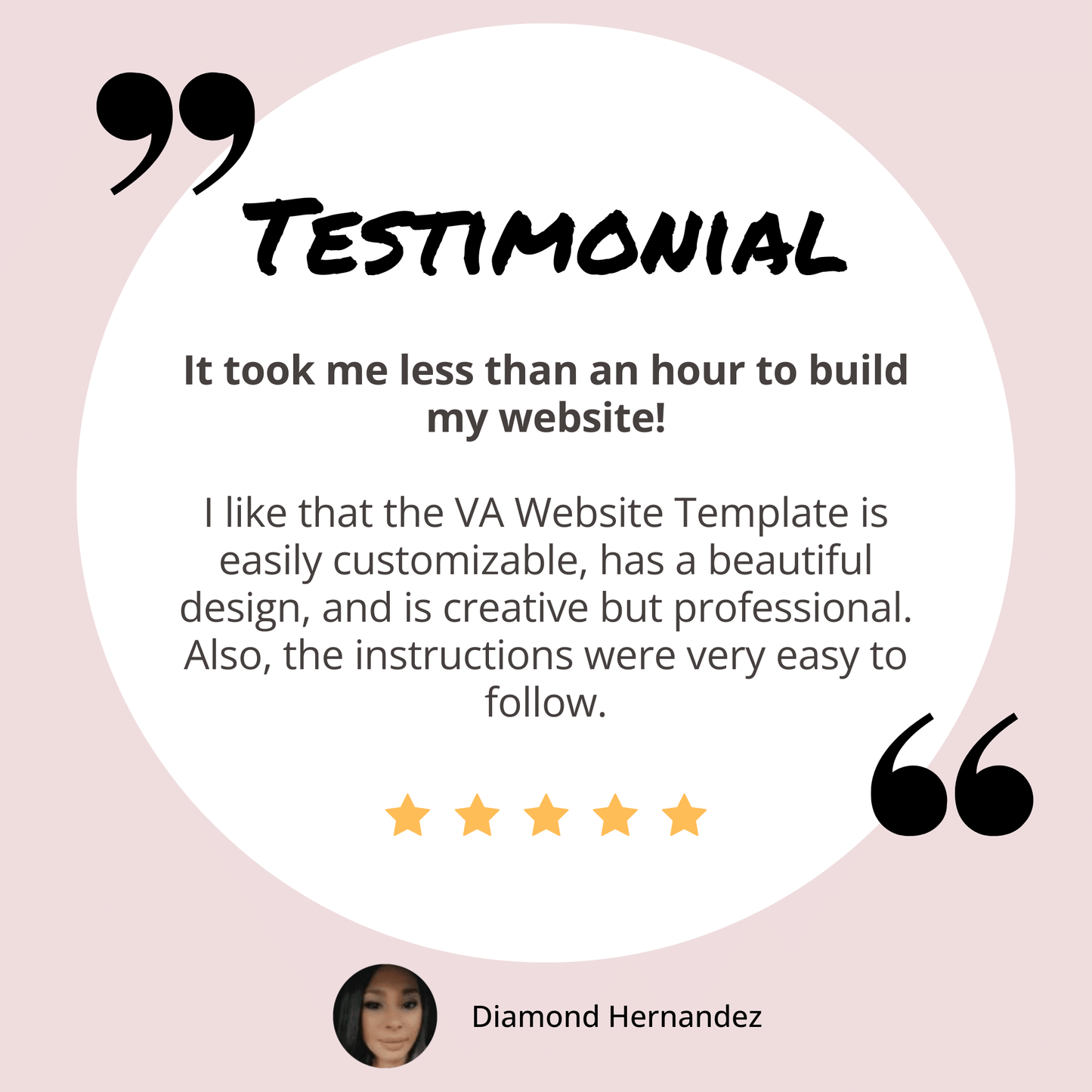 Diamond's testimonial for Canva Website Template for Virtual Assistants Blush Theme