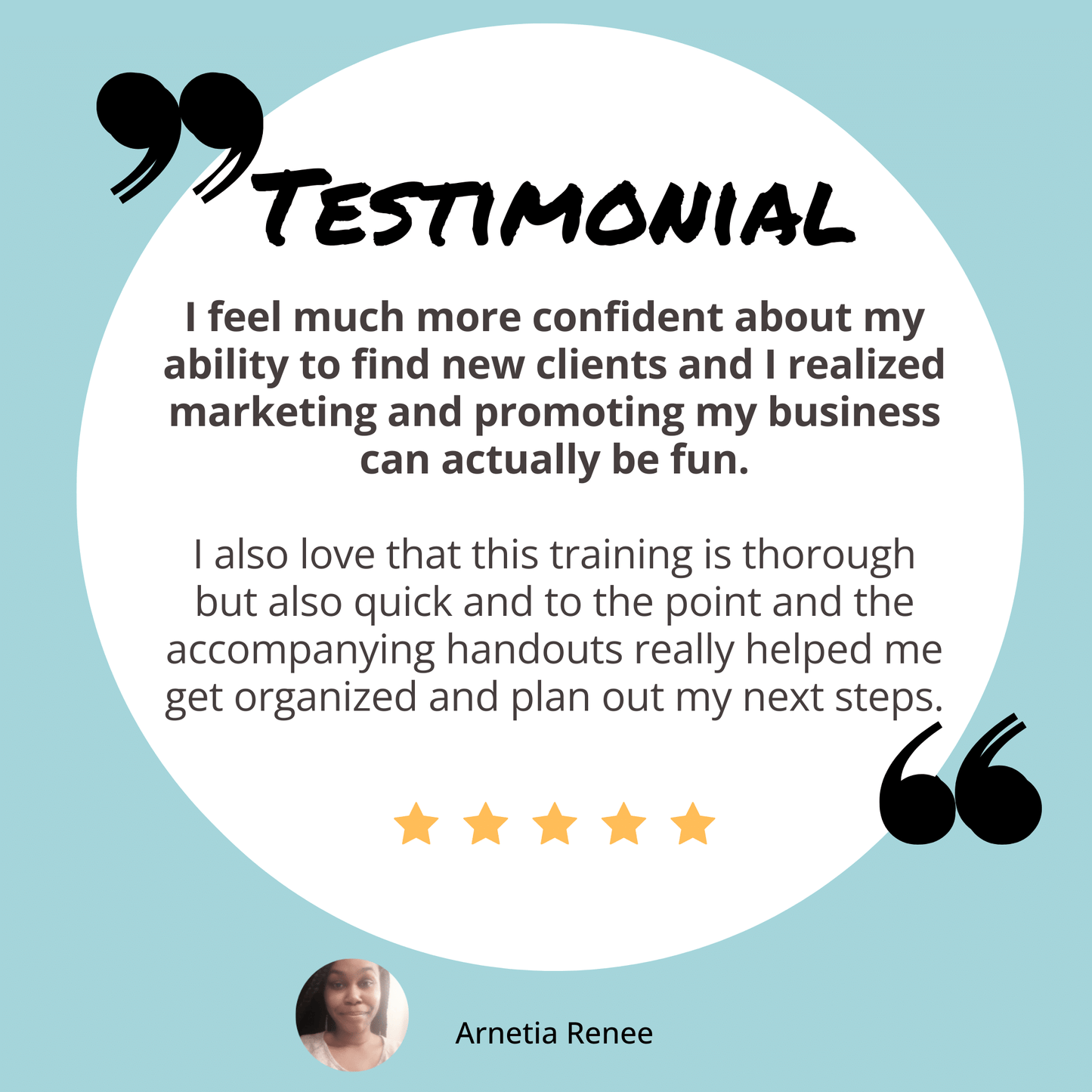 Arnetia's testimonial for the Go Get Your Clients training for virtual assistants.