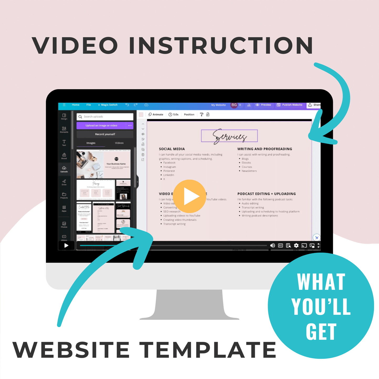 Canva Website Template for Virtual Assistants includes video instruction and website template