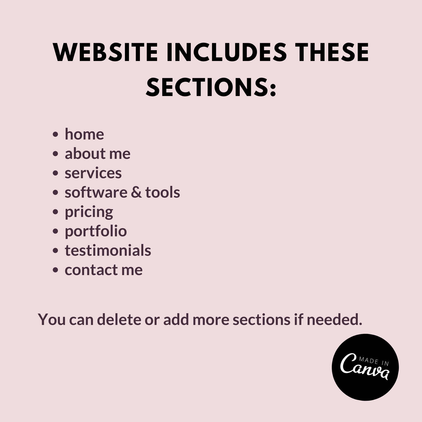Canva Website Template for Virtual Assistants includes sections that can be deleted or added