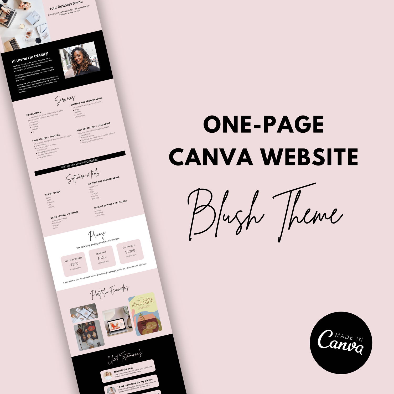 One-page Canva Website for Virtual Assistants Blush