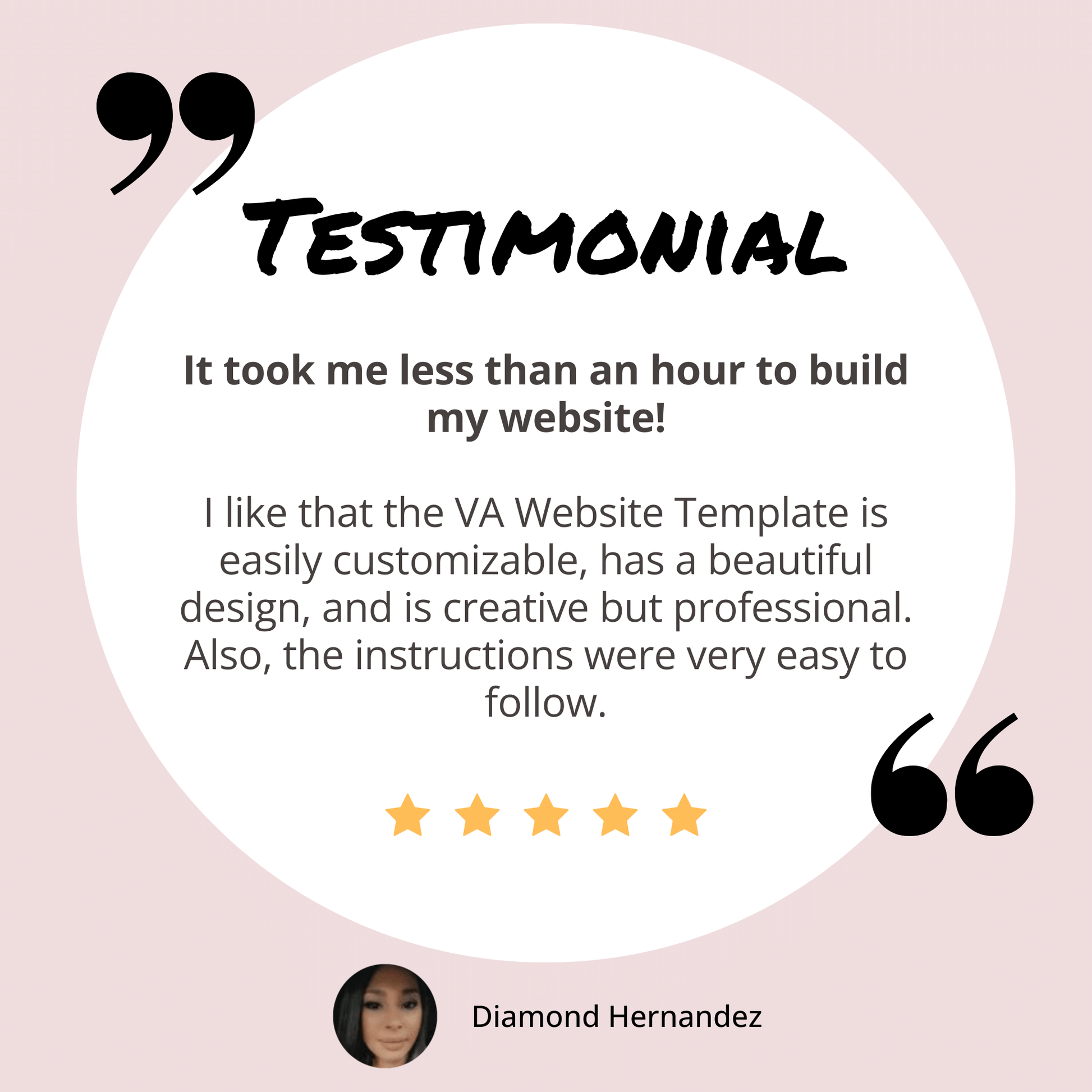 Diamond's testimonial for Canva Website Template for Virtual Assistants Blush Theme