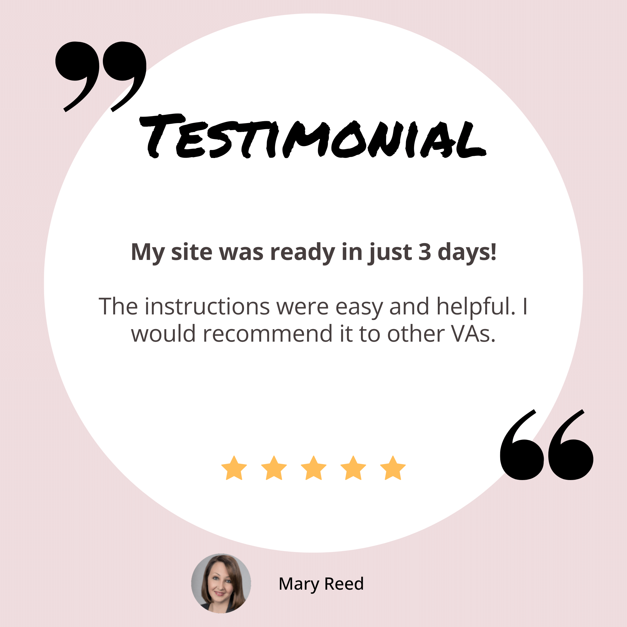 Mary's testimonial for Canva Website Template for Virtual Assistants Blush Theme