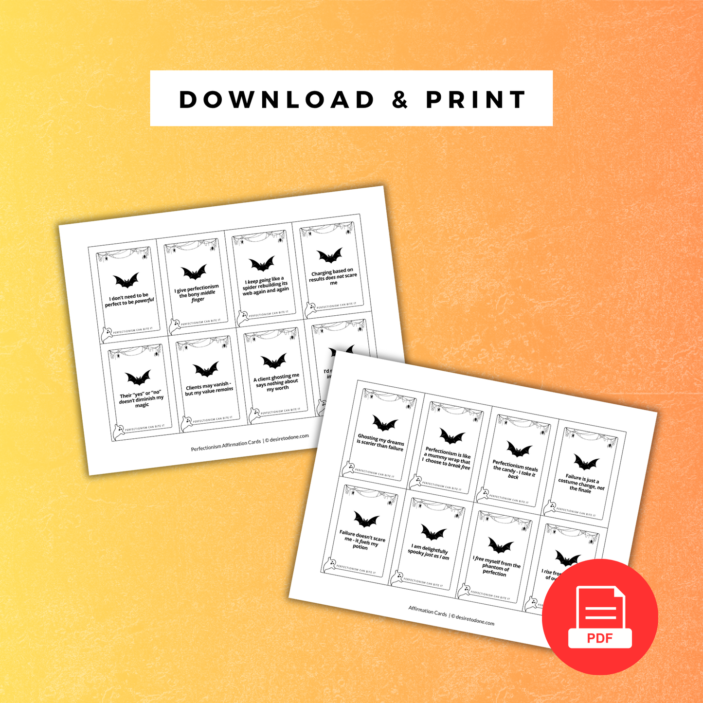 Perfectionism can bite it affirmation cards for virtual assistants. Halloween edition.