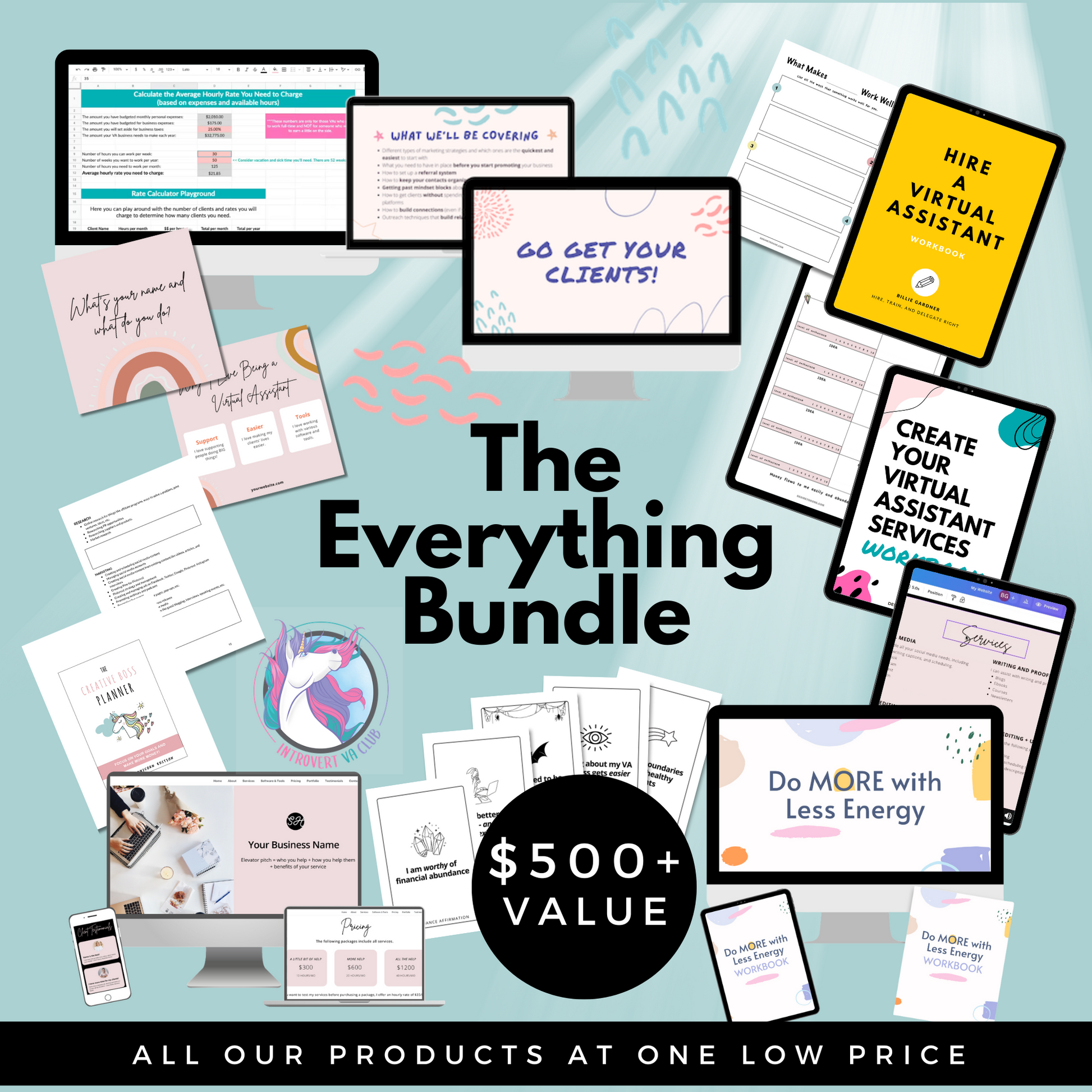 Promotional graphic for 'The Everything Bundle' with various digital products on a light blue background. $500+ value for virtual assistants.