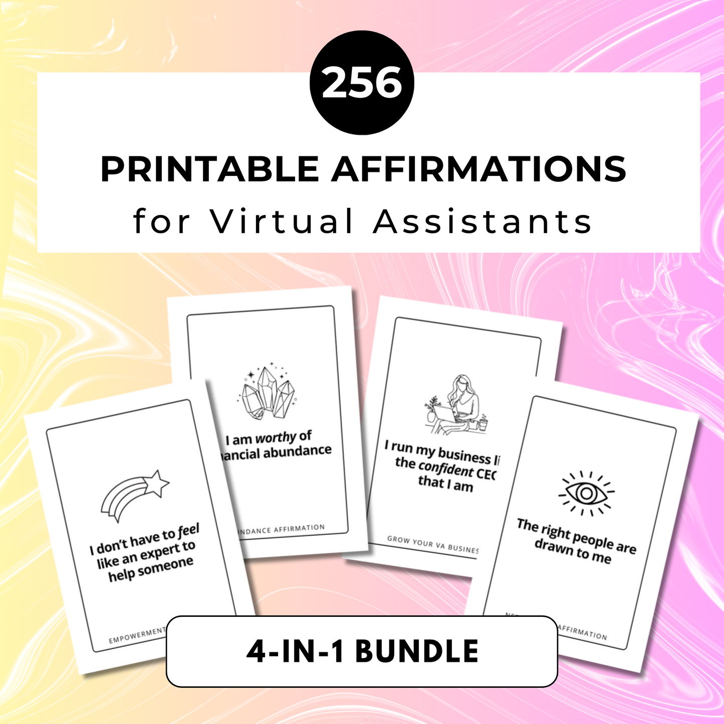 Set of printable affirmation cards for virtual assistants. 4-in-1 bundle.
