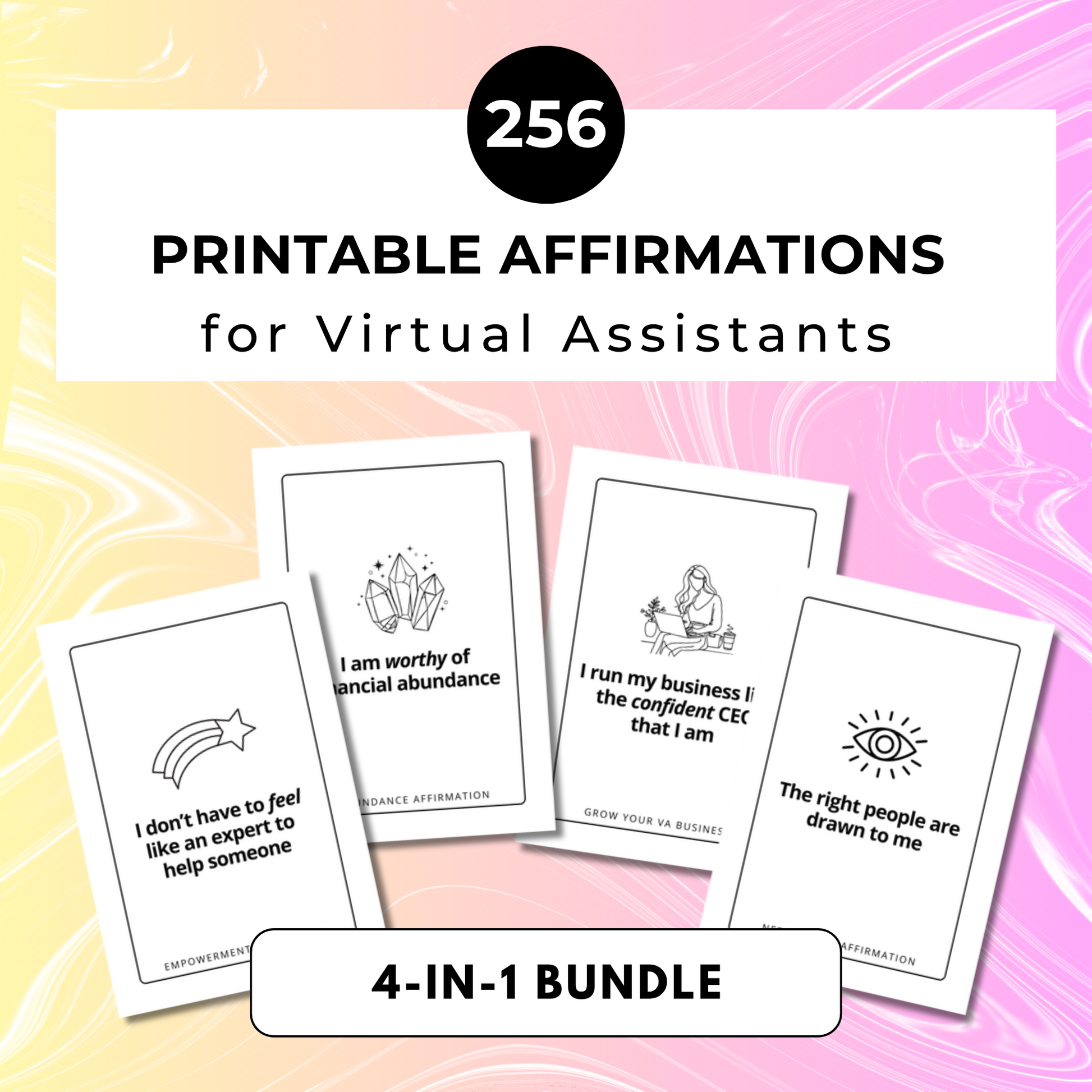 Set of printable affirmation cards for virtual assistants. 4-in-1 bundle.