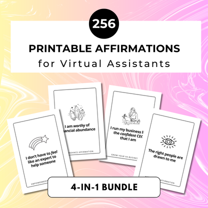 Set of printable affirmation cards for virtual assistants. 4-in-1 bundle.
