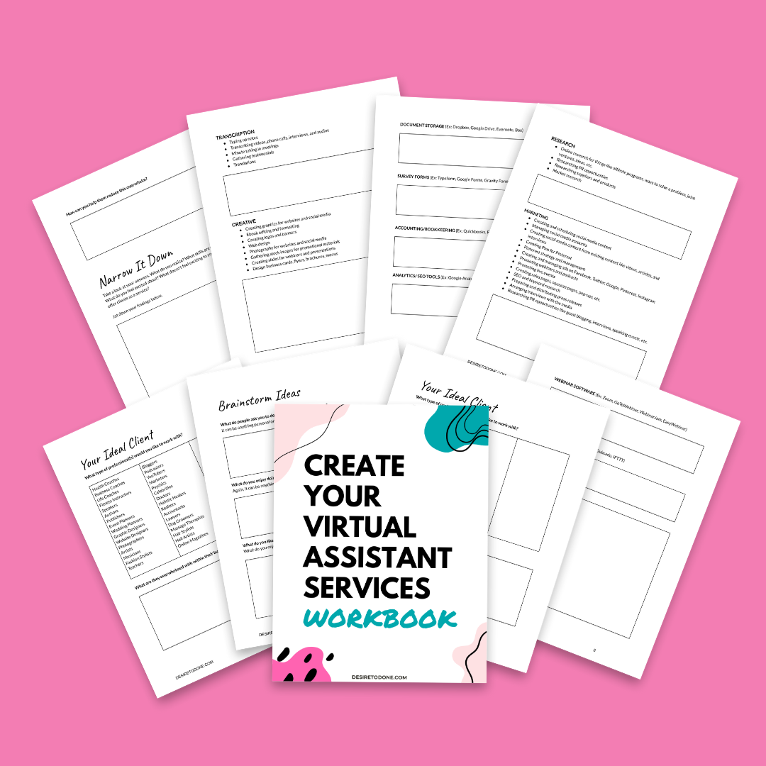 Workbook titled 'Create Your Virtual Assistant Services' on a pink background