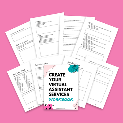 Workbook titled 'Create Your Virtual Assistant Services' on a pink background